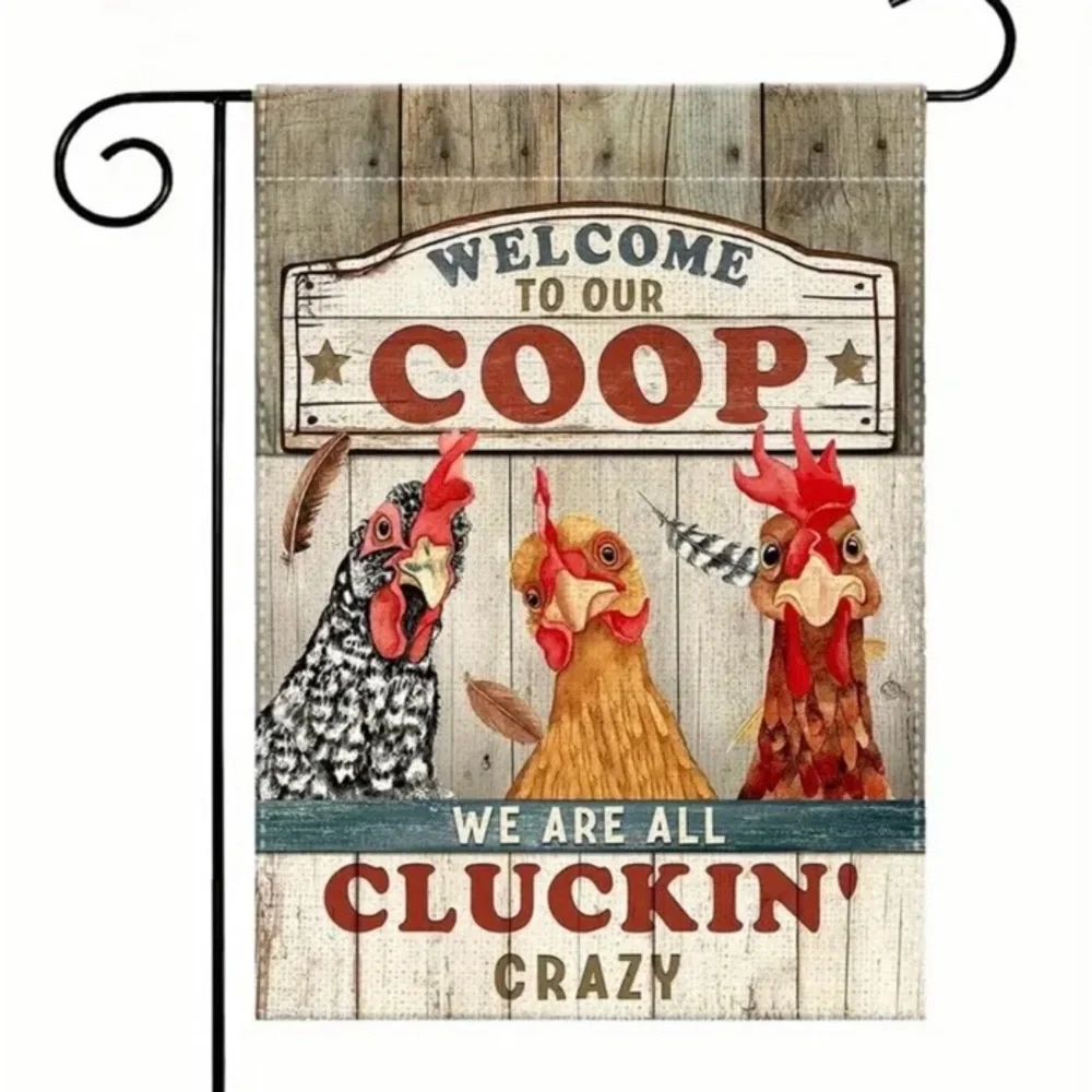 Welcome to Our Coop Tapestry Garden Flag, Red and Brown, NEW